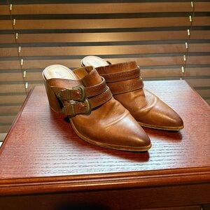 Frye 2-buckle Brown Leather Mules